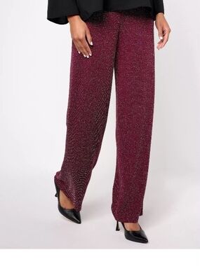 Susan Graver Metallic Knit Wide-Leg Pants in Burgundy